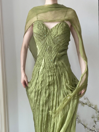 Flowy Green Strapless Pleated Satin Chiffon Long Prom Dress P3785