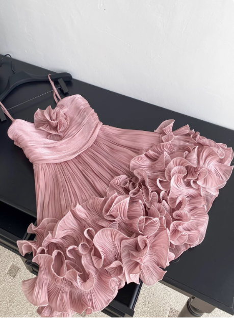 Sweet Suspender Pleated Three-dimensional Flower Ruffle Pink Birthday Skirt Homecoming Dress P3834