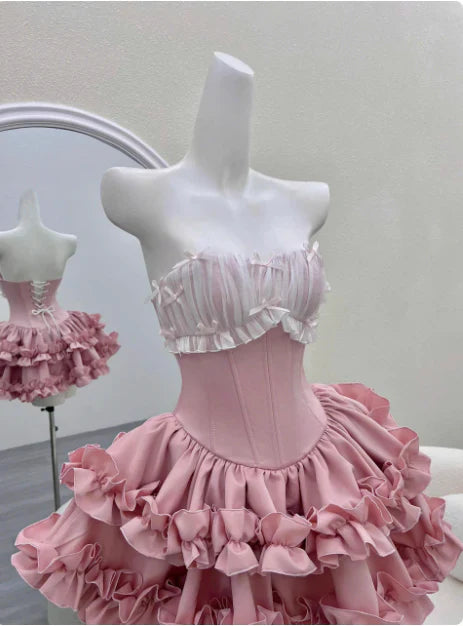 Vintage Pink Sweetheart Ruffle A-Line Tiered Short Party Dress Cocktail Dress Homecoming Dress TP4480