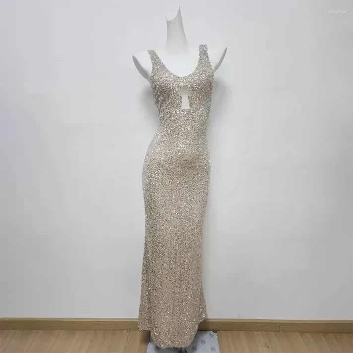 Elegant Champagne Glittering Sequin Beaded Halter-neck Mermaid Prom Dress Party Dress Evening Dress TP4501