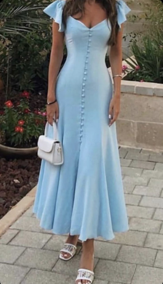 A line Sleeveless Light Sky Blue Ankle Length Prom Dress P990