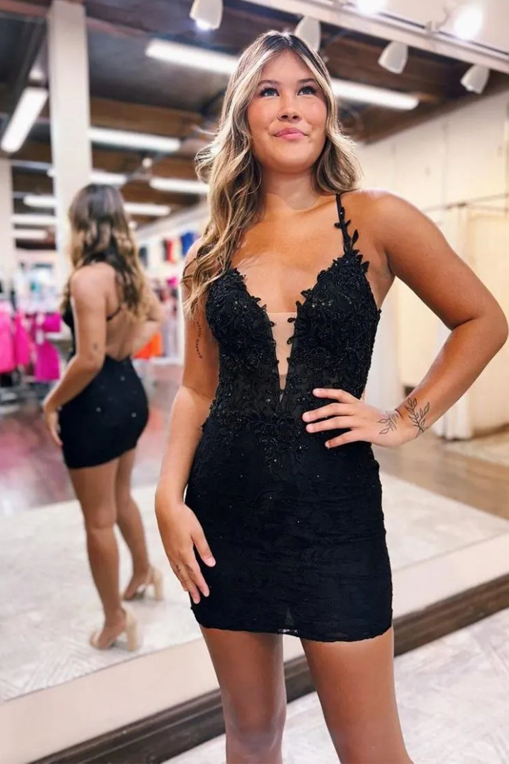Chic Black Tight Homecoming Dress with Appliques and Criss-Cross Back
