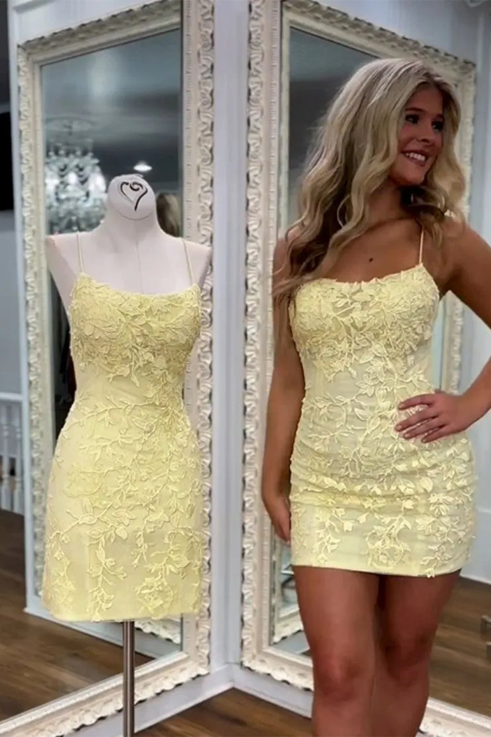 Short Yellow Bodycon Spaghetti Straps Homecoming Dress with Lace Detail