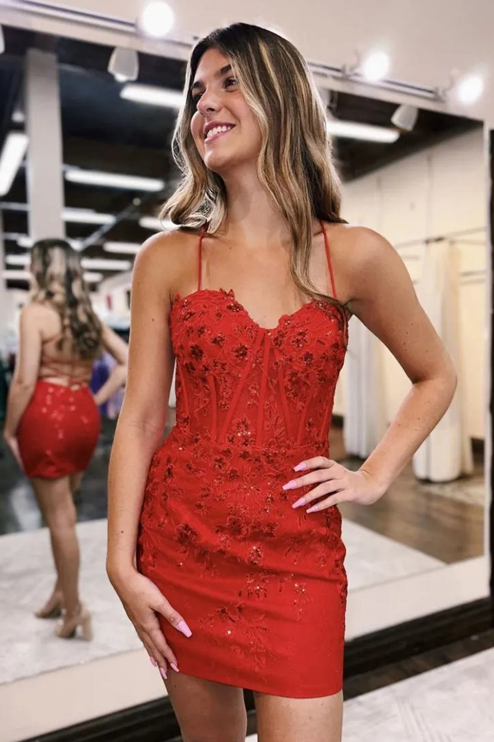 Pretty Spaghetti Strap Bodycon Homecoming Dress with Lace Detail