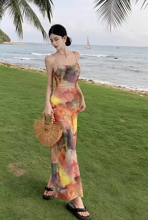 Simple New Painting Style Floral Design Elegant Beach Holiday Spaghetti Strap Dress TP3019