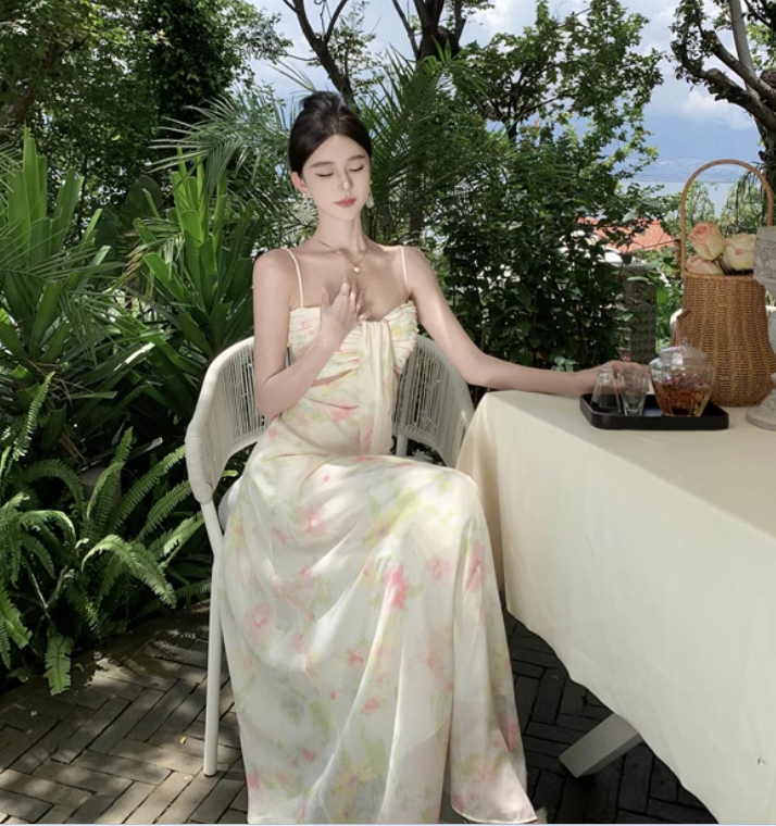 New Fashion Sexy Floral Design A-Line Beach Holiday Spaghetti Strap Dress TP3027