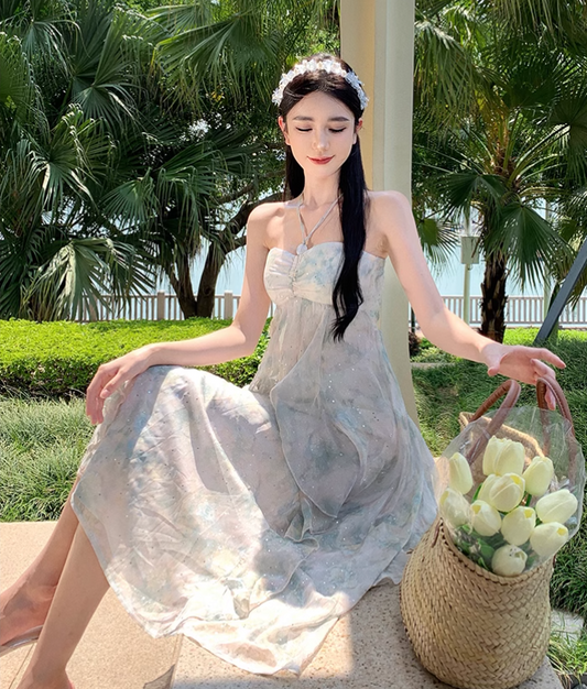 Simple Floral Design A-Line Chiffon Beach Holiday Halter Dress TP3029