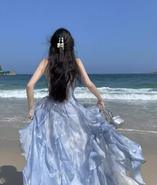 Simple Floral Design A-Line Chiffon Beach Holiday Halter Dress TP3030