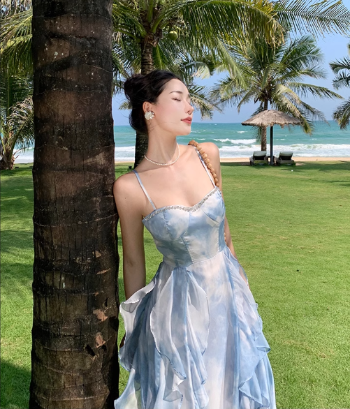 Simple Elegant Blue Floral Design Beach Holiday Spaghetti Strap Dress TP3065