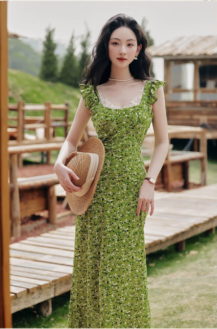 Vintage Simple Elegant Green Floral Design Beach Holiday Women Long Dress TP3066