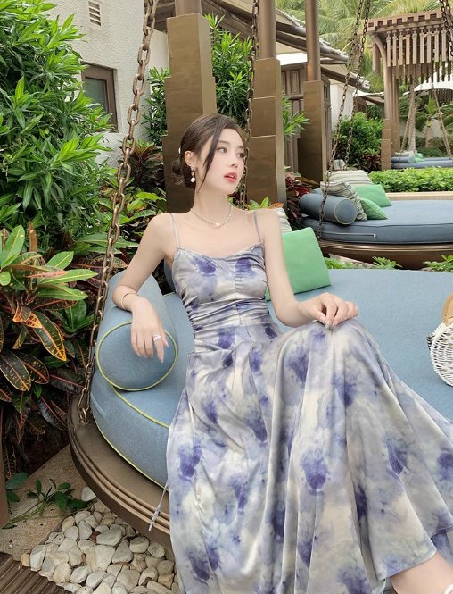 New Simple Elegant Floral Design Beach Holiday Spaghetti Strap Dress TP3068