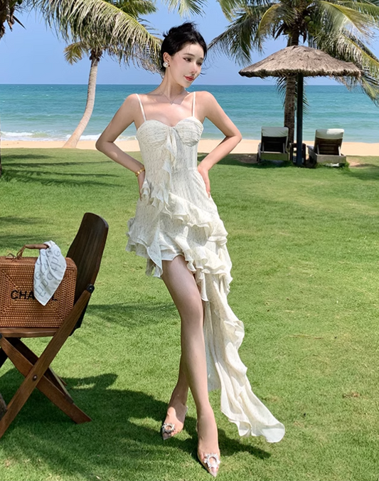 New Simple Elegant Floral Irregular Design Beach Holiday Spaghetti Strap Dress TP3069
