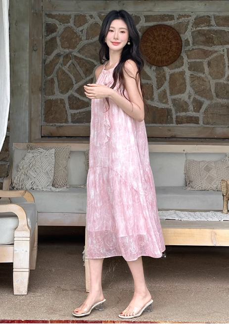 New Fashion Women Pink Floral Design Sense Beach Holiday Halter Dress TP3076