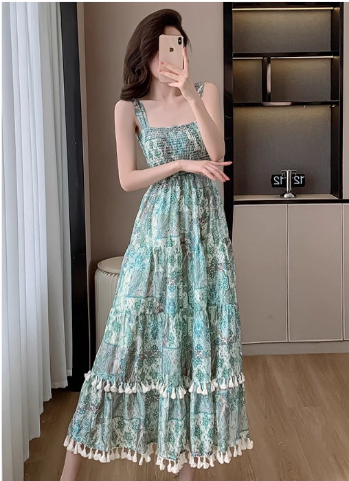 Vintage Women Floral Design A-Line Beach Holiday Spaghetti Strap Dress TP3078