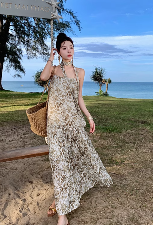 Vintage Fashion Women Floral Design A-Line Beach Holiday Spaghetti Strap Dress TP3084