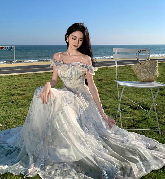 New Fashion Women Floral Falbala Design A-Line Beach Holiday Spaghetti Strap Dress TP3085