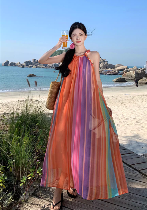 Simple Colorful Striped Design Beach Holiday A-Line Halter Dress TP3090