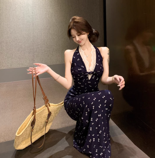 Simple Floral Design Navy Blue A-Line Women Beach Holiday Halter Dress TP3151