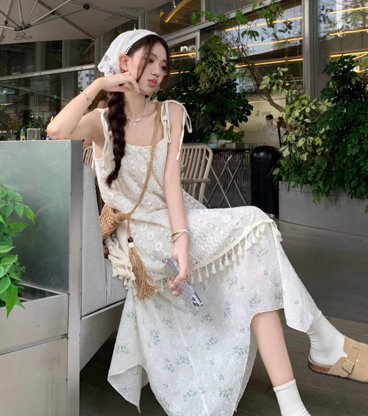 New Fashion Beige Floral Design A-line Beach Holiday Long Spaghetti Strap Dress TP3327