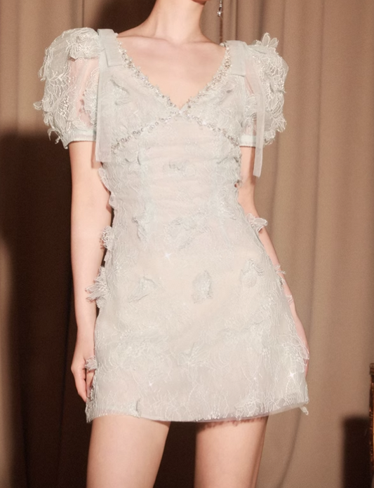 Chic Light-Blue Short-sleeved A-line Appliqued V-neck Party Dresses Homecoming Dresses, TP3794