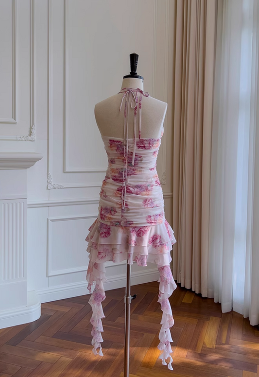 Sweet Floral Ruffled Hem Design A-line Halter Party Dresses Homecoming Dresses, TP3800