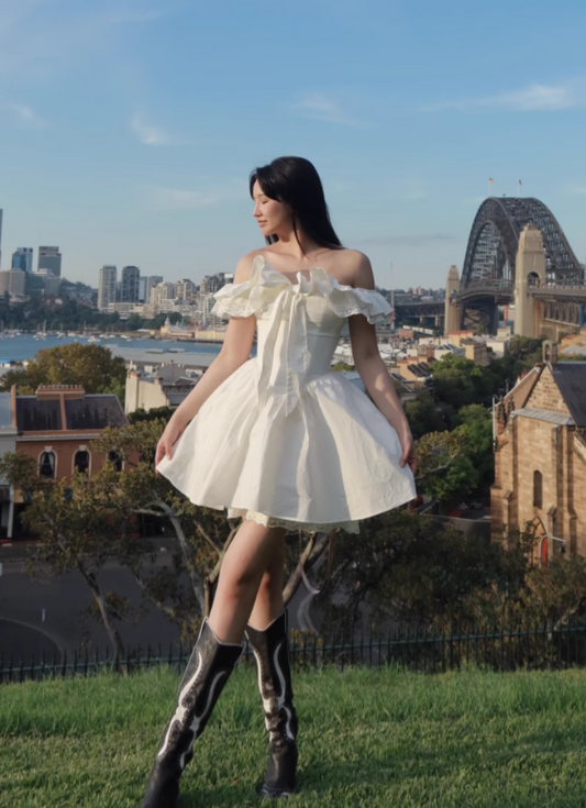 Simple White Off-the-shoulder Lace Bow Design A-line Party Dress Homecoming Dress TP3854