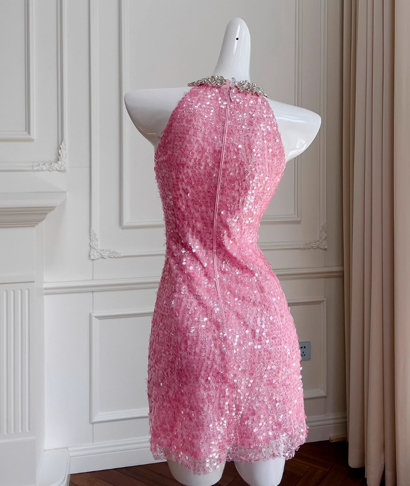 New Fashion Rose Pink Beading Sequin Sheath Short Party Dress Homecoming Dresses TP3929