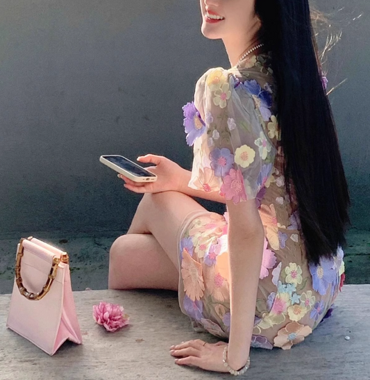 Colorful Applique Design A-line Short-sleeved Party Dress Homecoming Dresses TP3940