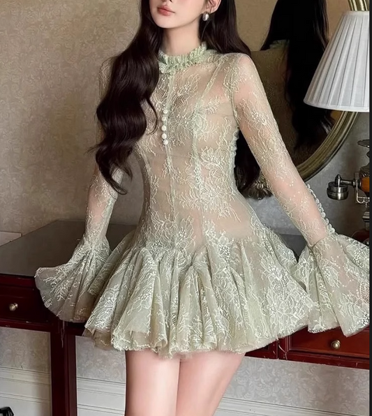 Retro Green Applique Design Tulle A-line Long-sleeved Party Dress Homecoming Dresses TP3943