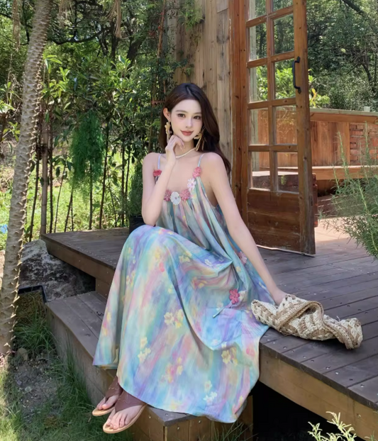 Vintage Floral Spaghetti Strap Design Elegant Beach Holiday A-Line Sleeveless Summer Dress TP4251