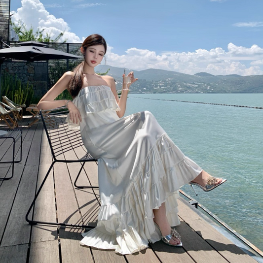 Vintage Ivory Strapless Ruffled Hem Design Elegant Beach Holiday A-Line Sleeveless Summer Dress TP4252