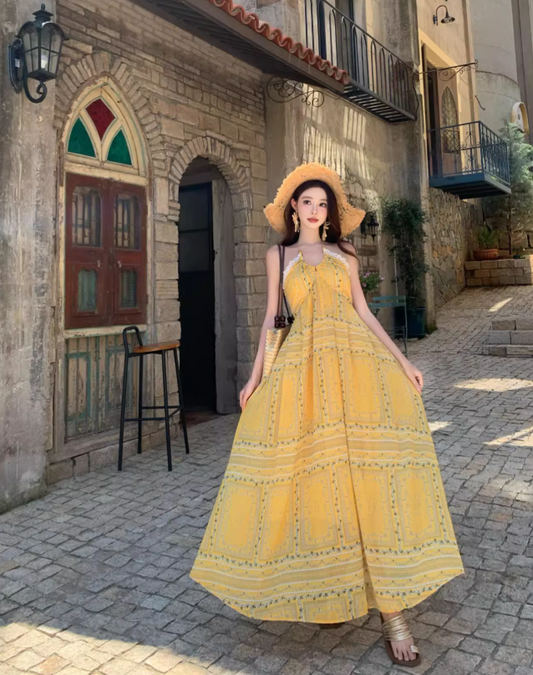 Vintage Yellow Bohemian Style Design Elegant Beach Holiday A-Line Sleeveless Halter Dress Summer Dress Party Dress TP4253