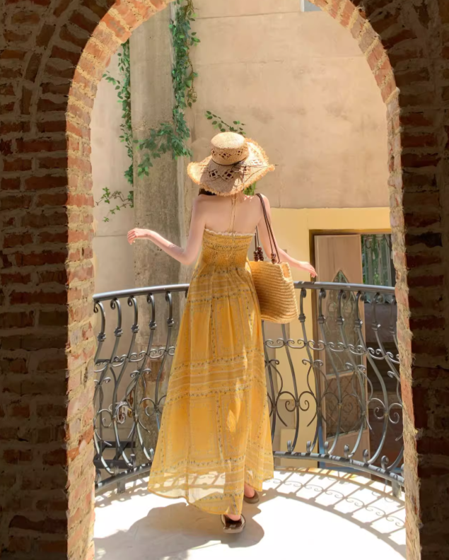 Vintage Yellow Bohemian Style Design Elegant Beach Holiday A-Line Sleeveless Halter Dress Summer Dress Party Dress TP4253