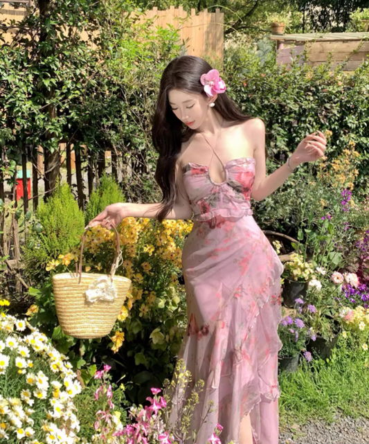 Vintage Pink Floral Irregular Hem Design Elegant Beach Holiday A-Line Sleeveless Halter Dress Summer Dress Party Dress TP4254