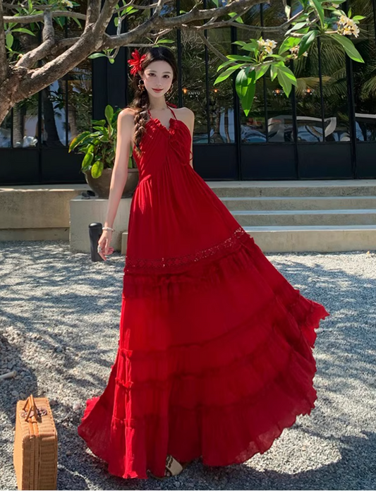 Vintage Burgundy V-neck Design Elegant Beach Holiday A-Line Sleeveless Halter Dress Summer Dress Party Dress TP4255