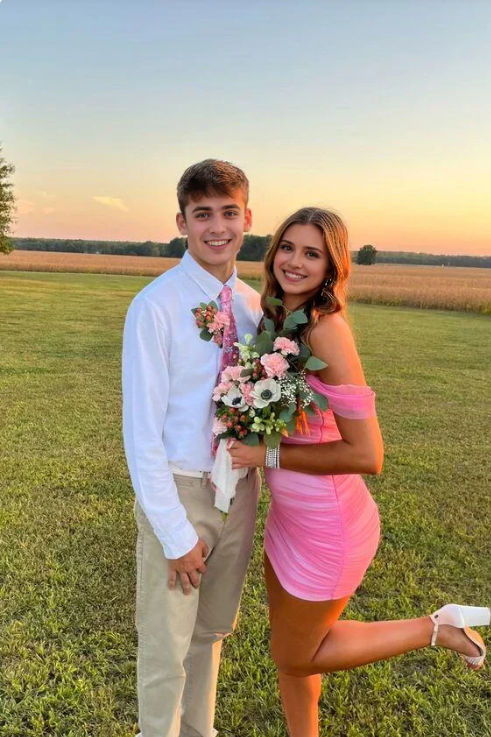 Vintage Pink Sweetheart Off-the-shoulder Sheath Bodycon Homecoming Dress Party Dress Short Cocktail Dress TP4812