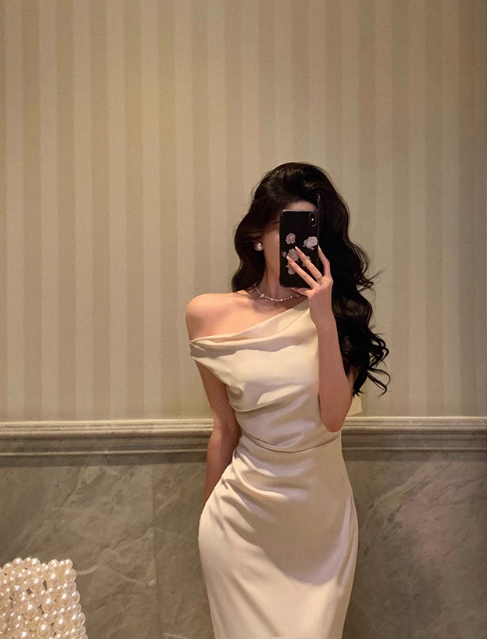 Elegant Cream Satin One-shoulder Sheath Ruched Evening Gown TP5119
