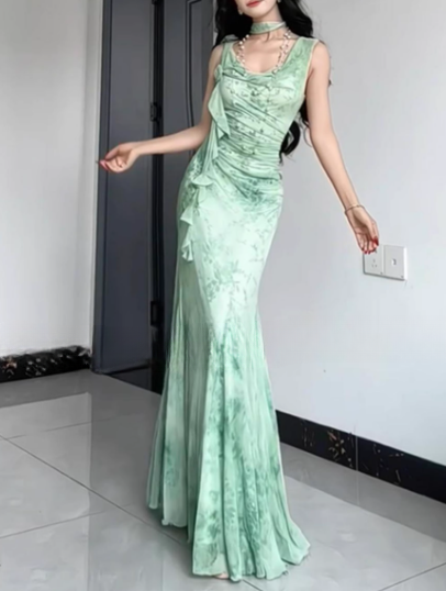 Vintage-Inspired Mint Green Off-Shoulder Floral Mermaid Ruched Ruffled Evening Gown TP5126