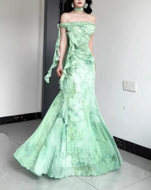 Vintage-Inspired Mint Green Off-Shoulder Floral Mermaid Ruched Ruffled Evening Gown TP5126