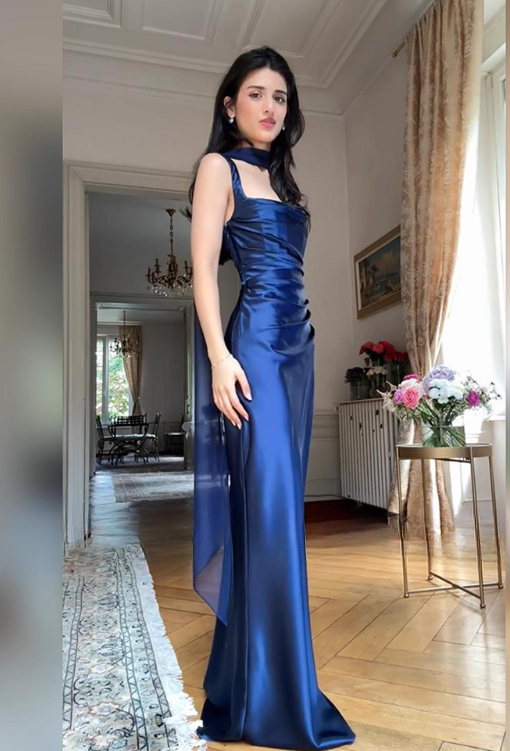 Elegant Navy Blue Satin Square Neck Ruched Evening Gown with Draped Scarf TP5127