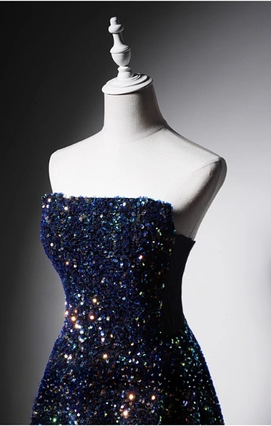 Vintage Navy Blue Sequin Strapless A-Line Mini Dress Homecoming Dress Party Dress Short Cocktail Dress TP5192