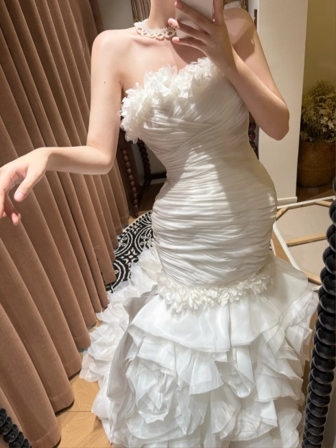 Chic Strapless Ruched Mermaid 3D Ruffled Floral Dramatic Train Wedding Dress TP5329