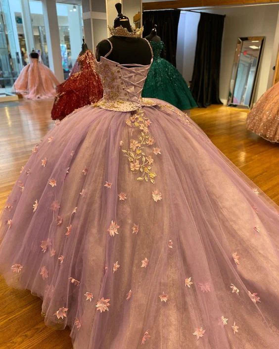 Elegant Applique Beaded Spaghetti Strap Sweet 16 Quinceanera A-Line Tulle Floor-length Prom Dress Birthday Dress Evening Dress Ball Gown TP4542