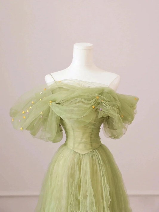 A Line Off the Shoulder Green Tulle Long Prom Dresses P2200