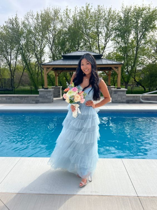 Light Blue Layered Tulle Long Prom Dress Elegant Graduation Gown