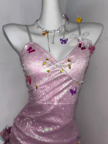 Glitter Pink Sequin Spaghetti Strap Butterfly Design 16th Birthday Party Dress Homecoming Dress TP4042