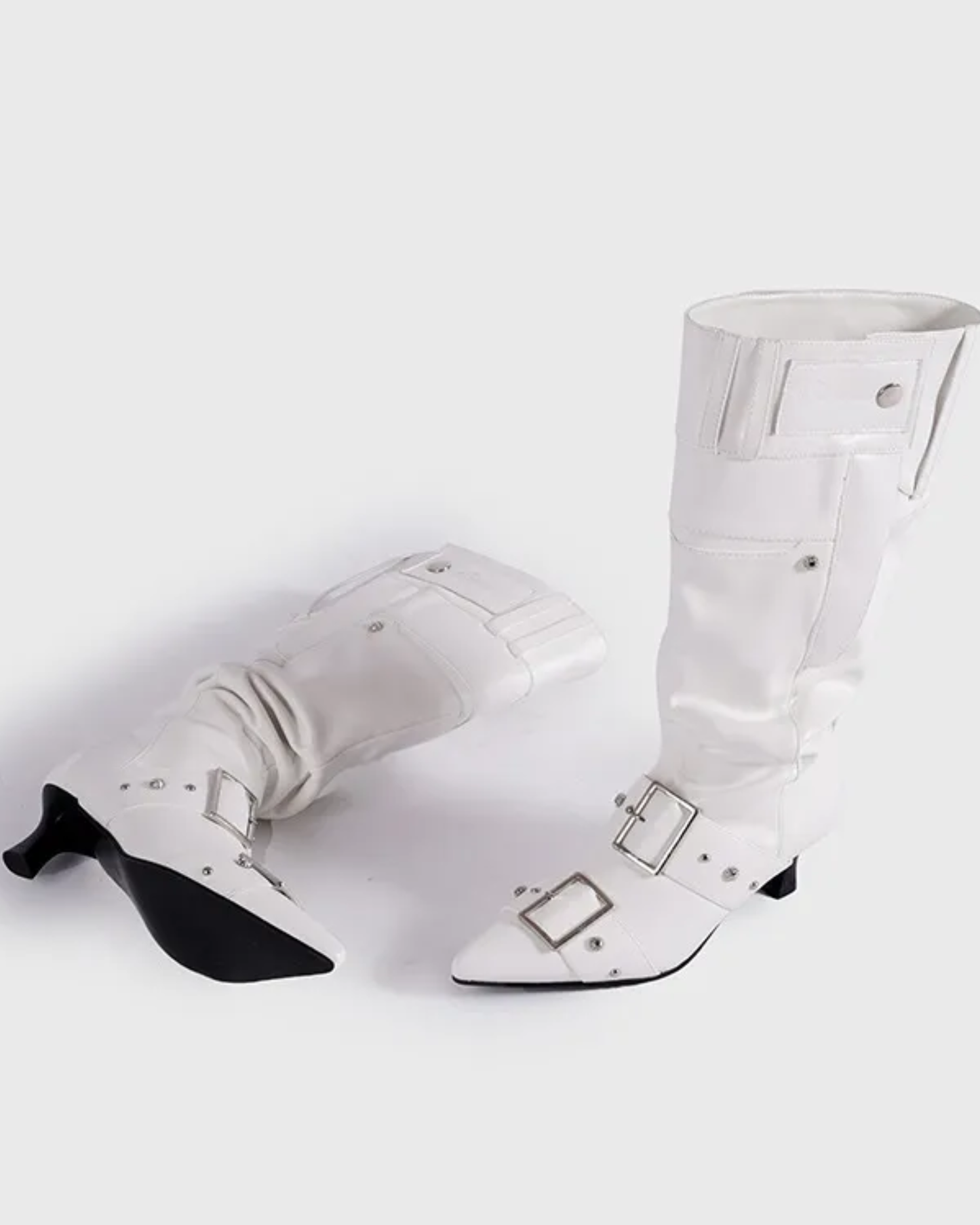 Rebecca Buckle Rivet Relaxed Knee High Boots In White