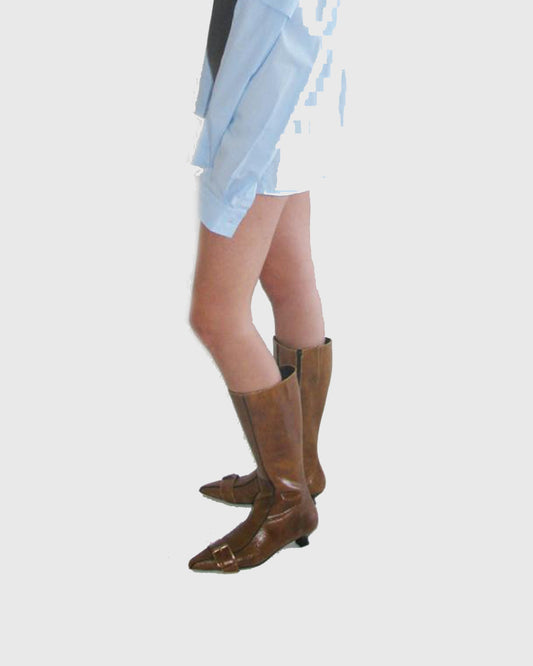 Regina Buckle Texture Leather Knee High Boots In Brown