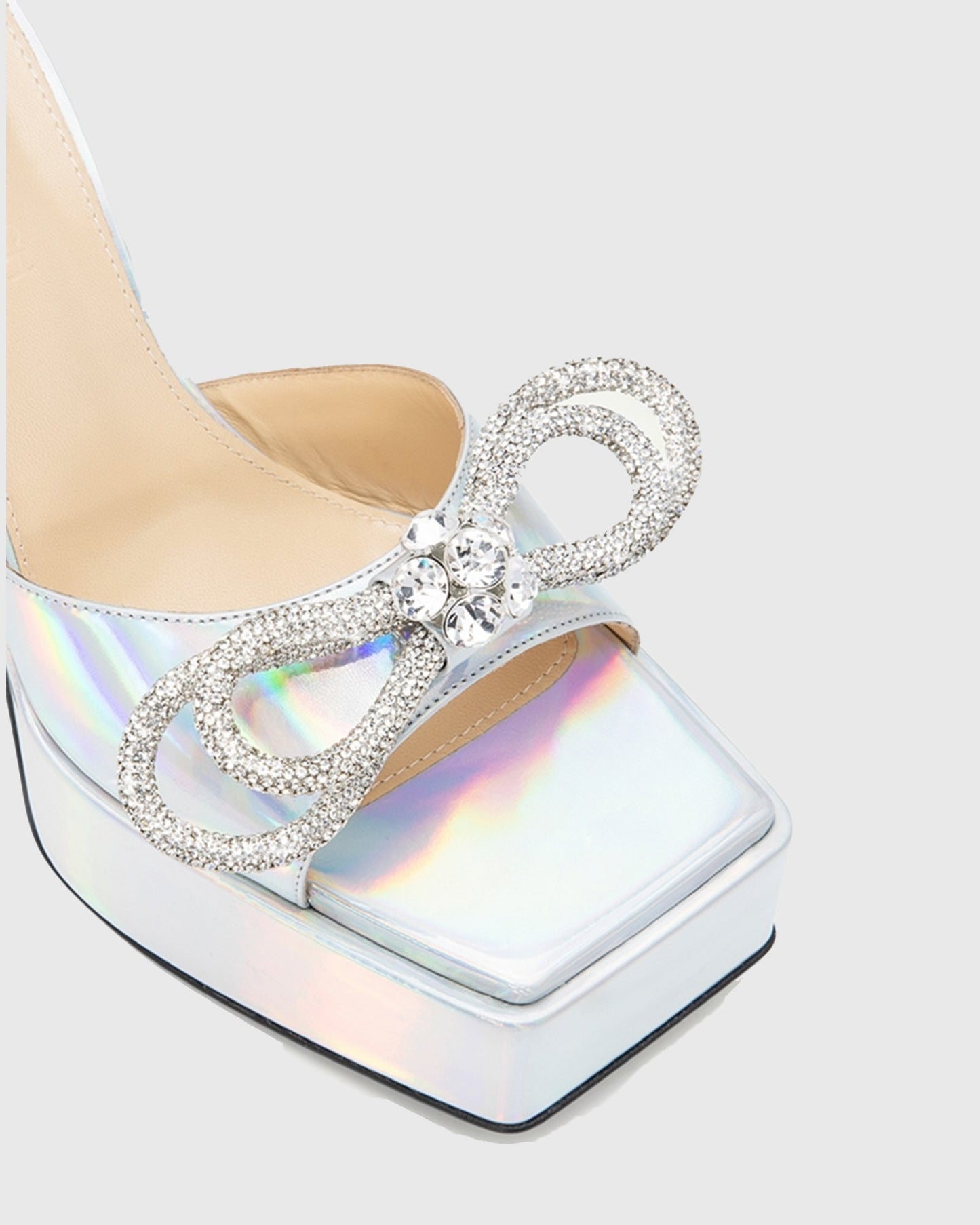 Rina Crystal Bow Lace Up Platform Flared Heels In Silver
