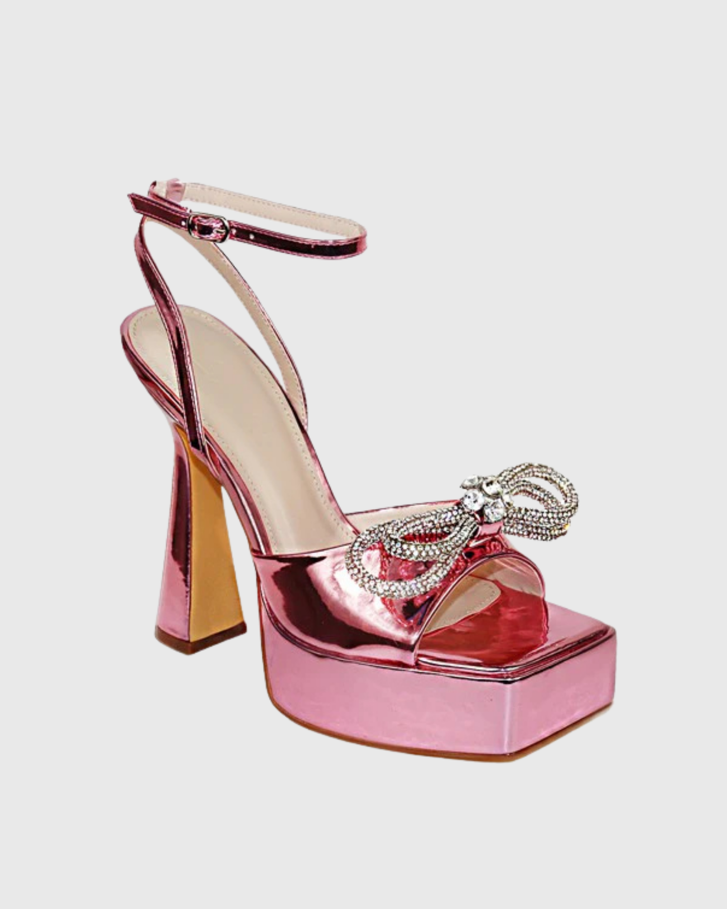 Rina Crystal Bow Lace Up Platform Flared Sandals In Pink